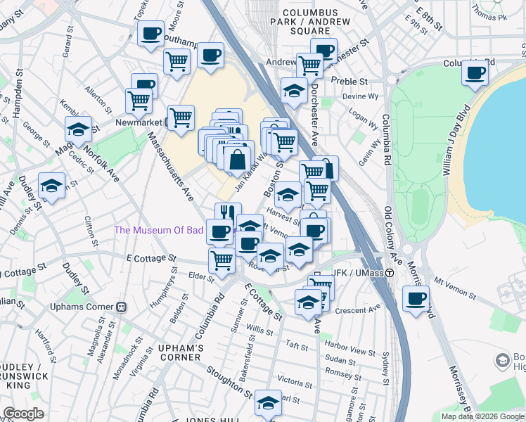 map of restaurants, bars, coffee shops, grocery stores, and more near 56 Dorset Street in Boston
