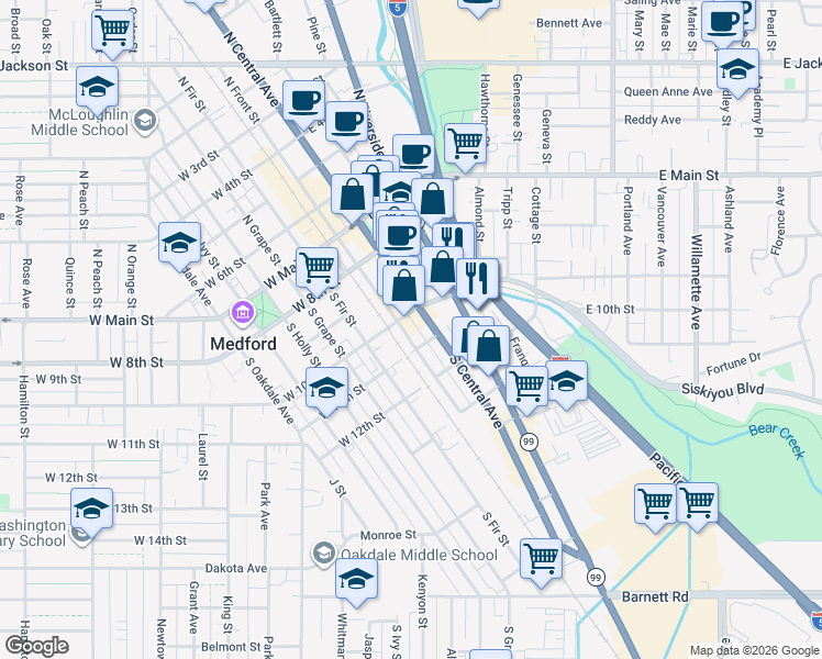 map of restaurants, bars, coffee shops, grocery stores, and more near 301 North Central Avenue in Medford