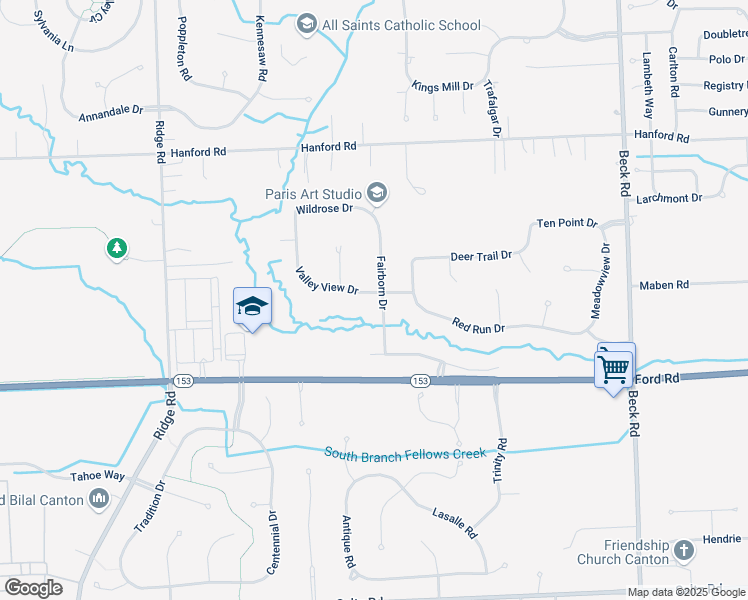 map of restaurants, bars, coffee shops, grocery stores, and more near 5885 Fairborn Drive in Canton