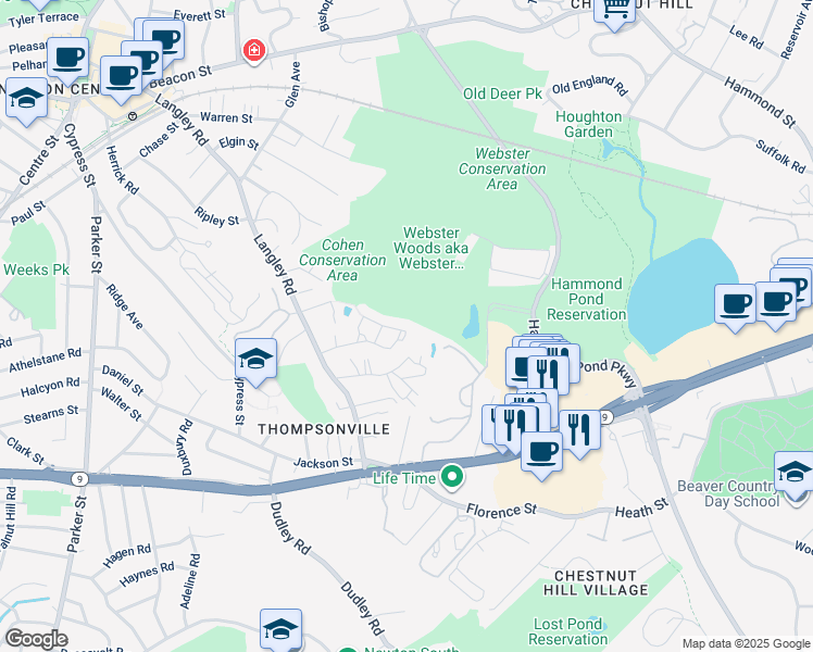 map of restaurants, bars, coffee shops, grocery stores, and more near 59 Hamlet Street in Newton
