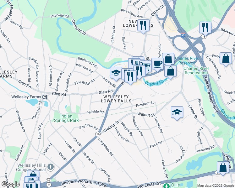 map of restaurants, bars, coffee shops, grocery stores, and more near 54 Washington Street in Wellesley