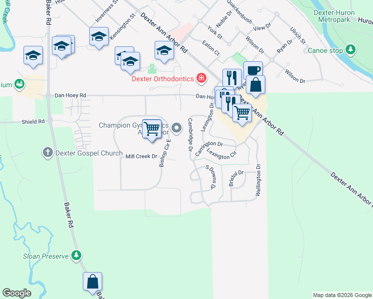 map of restaurants, bars, coffee shops, grocery stores, and more near 427 Cambridge Drive in Dexter