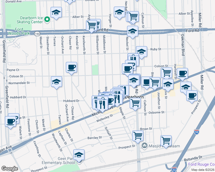 map of restaurants, bars, coffee shops, grocery stores, and more near 5037 Middlesex Street in Dearborn