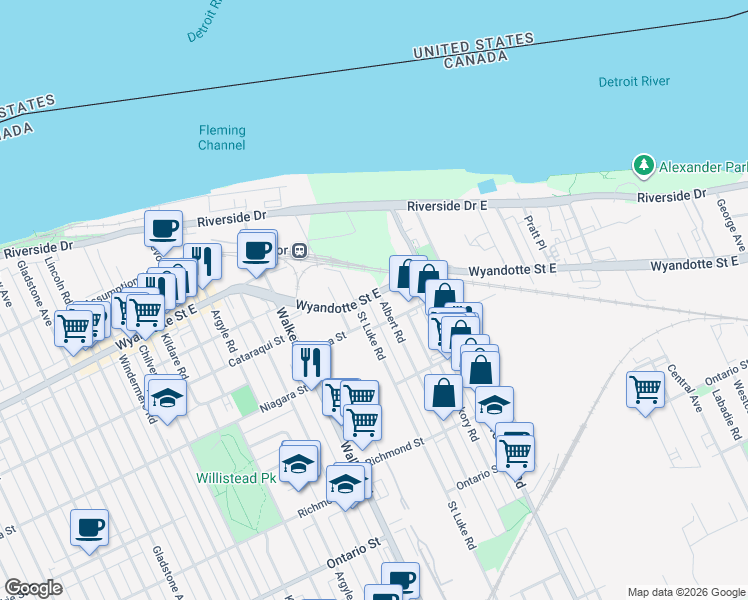 map of restaurants, bars, coffee shops, grocery stores, and more near 807 Albert Road in Windsor