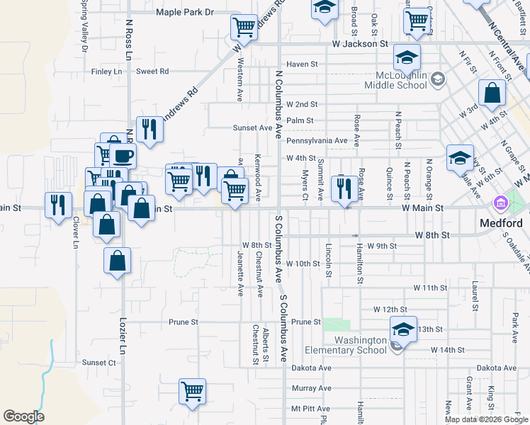 map of restaurants, bars, coffee shops, grocery stores, and more near 9 North Columbus Avenue in Medford