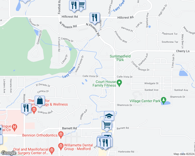 map of restaurants, bars, coffee shops, grocery stores, and more near 3394 Calle Vista Drive in Medford