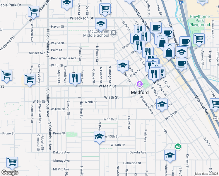 map of restaurants, bars, coffee shops, grocery stores, and more near 906 West Main Street in Medford