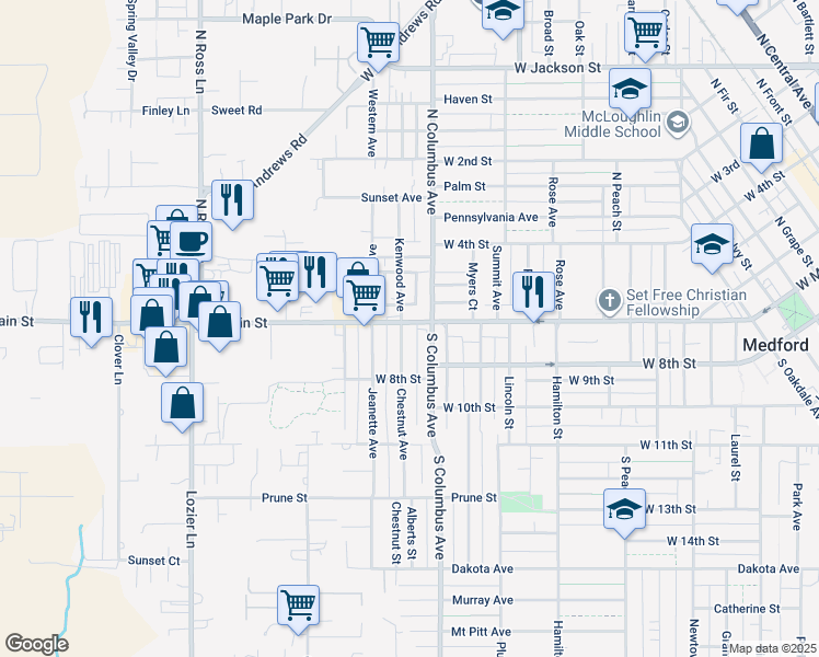 map of restaurants, bars, coffee shops, grocery stores, and more near 9 North Columbus Avenue in Medford