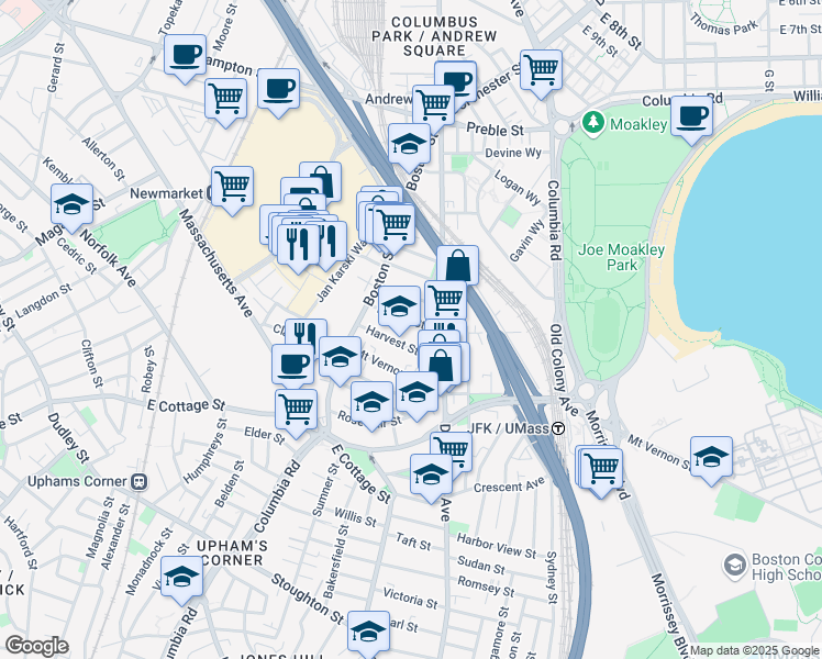 map of restaurants, bars, coffee shops, grocery stores, and more near 17 Dorset Street in Boston