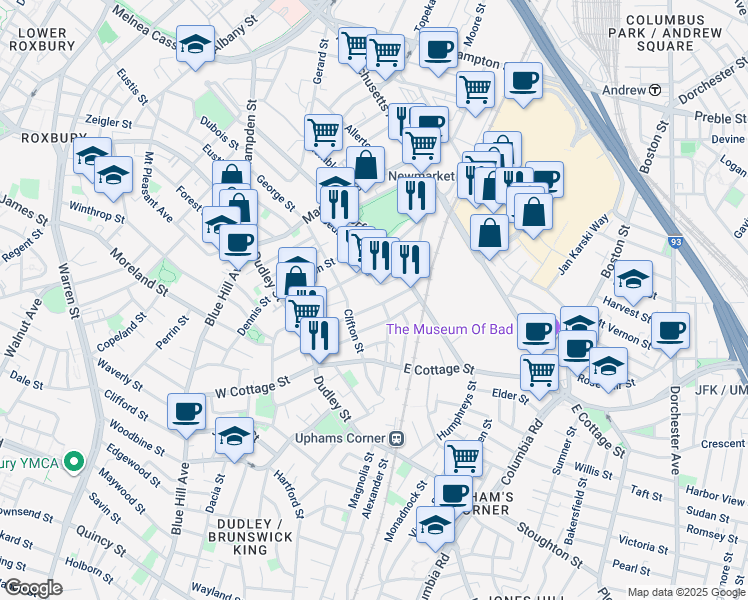 map of restaurants, bars, coffee shops, grocery stores, and more near 69 Shirley Street in Boston