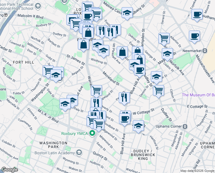 map of restaurants, bars, coffee shops, grocery stores, and more near in Boston