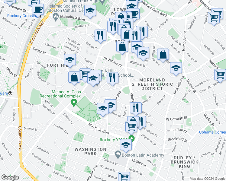map of restaurants, bars, coffee shops, grocery stores, and more near 21a Circuit Street in Boston