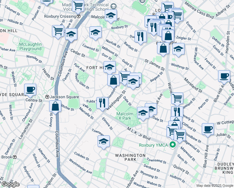 map of restaurants, bars, coffee shops, grocery stores, and more near 2679 Washington Street in Boston