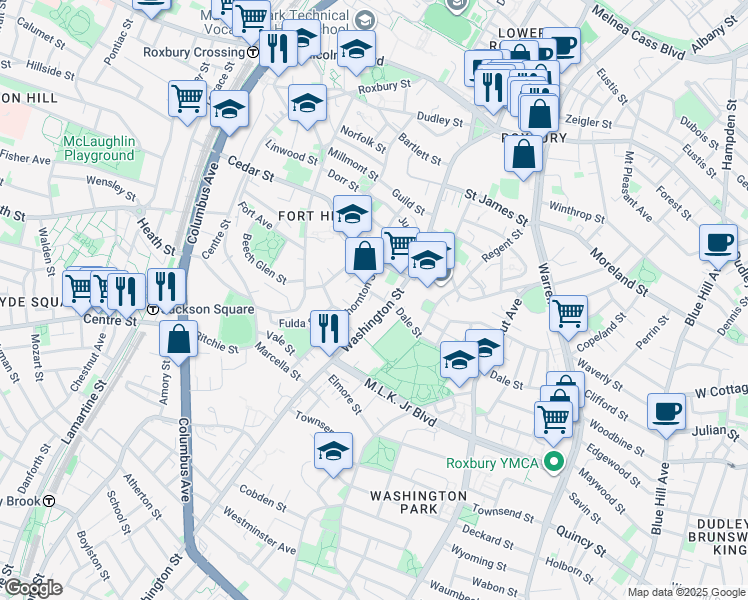 map of restaurants, bars, coffee shops, grocery stores, and more near 91 Thornton Street in Boston