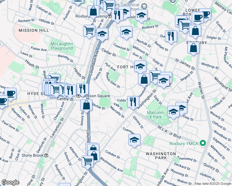 map of restaurants, bars, coffee shops, grocery stores, and more near 65 Beech Glen Street in Boston