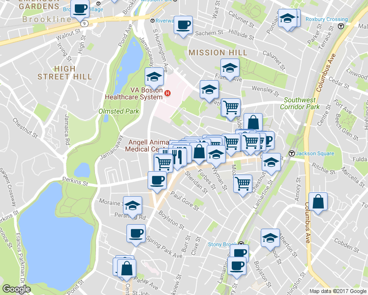 map of restaurants, bars, coffee shops, grocery stores, and more near in Boston
