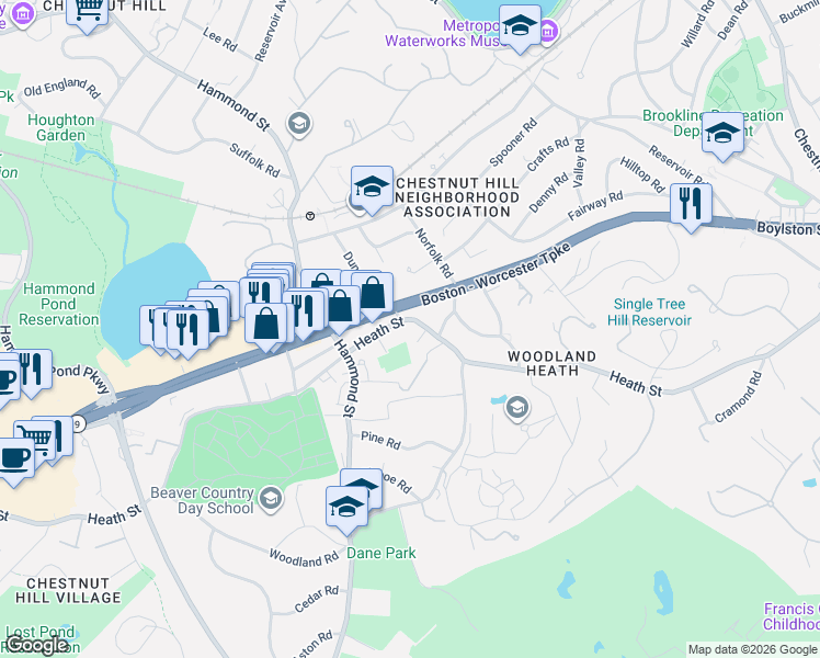 map of restaurants, bars, coffee shops, grocery stores, and more near 83 Dunster Road in Brookline