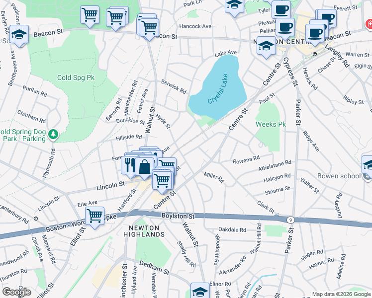 map of restaurants, bars, coffee shops, grocery stores, and more near 264 Lake Avenue in Newton