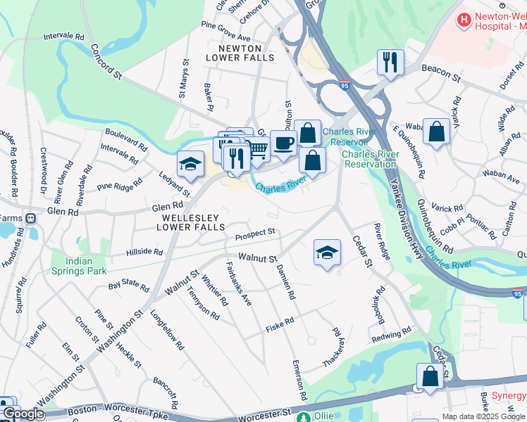 map of restaurants, bars, coffee shops, grocery stores, and more near 51 River Street in Wellesley