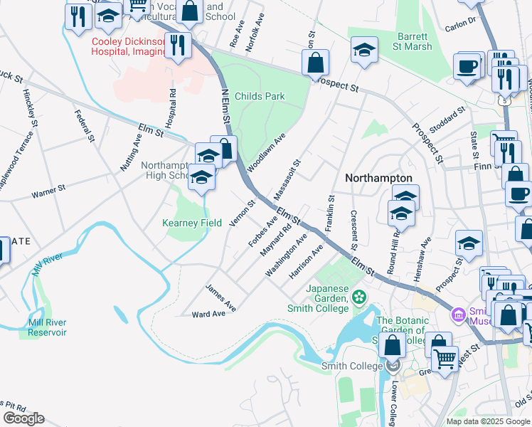 map of restaurants, bars, coffee shops, grocery stores, and more near 300 Elm Street in Northampton