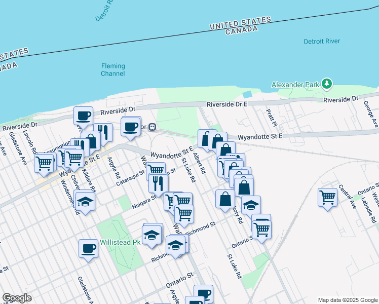 map of restaurants, bars, coffee shops, grocery stores, and more near in Windsor