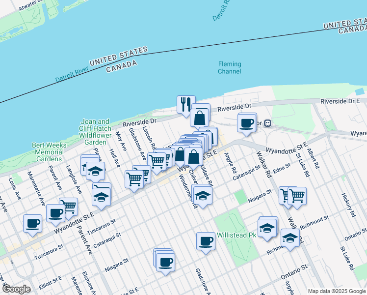 map of restaurants, bars, coffee shops, grocery stores, and more near 1880 Assumption Street in Windsor