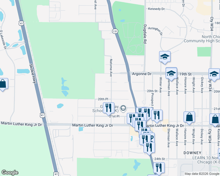 map of restaurants, bars, coffee shops, grocery stores, and more near 3015 19th Place in North Chicago