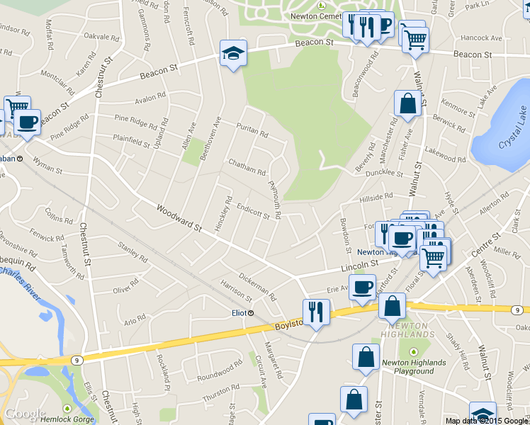 map of restaurants, bars, coffee shops, grocery stores, and more near 21 Endicott Street in Newton
