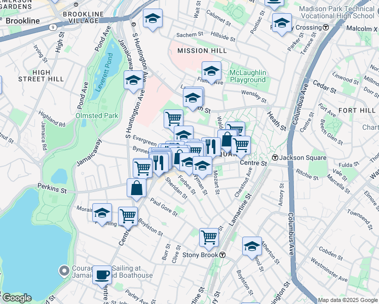 map of restaurants, bars, coffee shops, grocery stores, and more near 20 Sunnyside Street in Boston