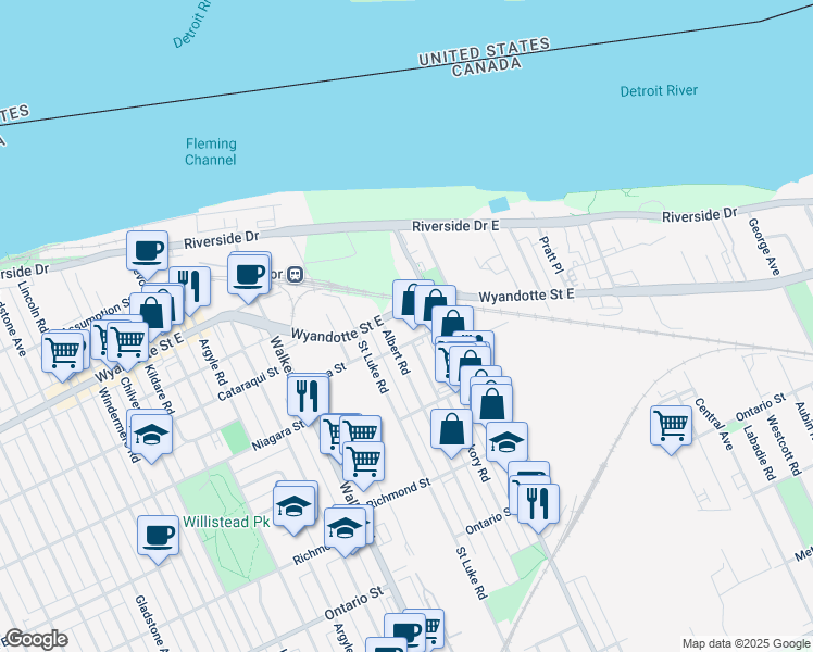 map of restaurants, bars, coffee shops, grocery stores, and more near 2601 Wyandotte Street East in Windsor