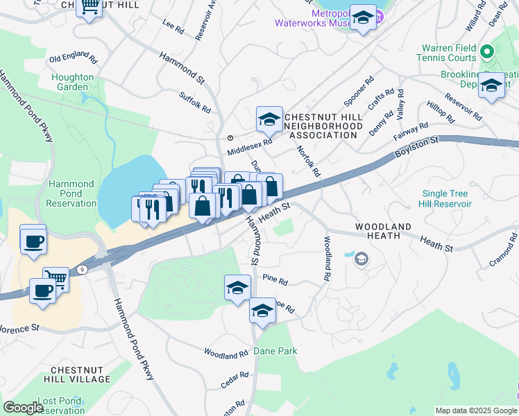 map of restaurants, bars, coffee shops, grocery stores, and more near 1162 Massachusetts 9 in Brookline