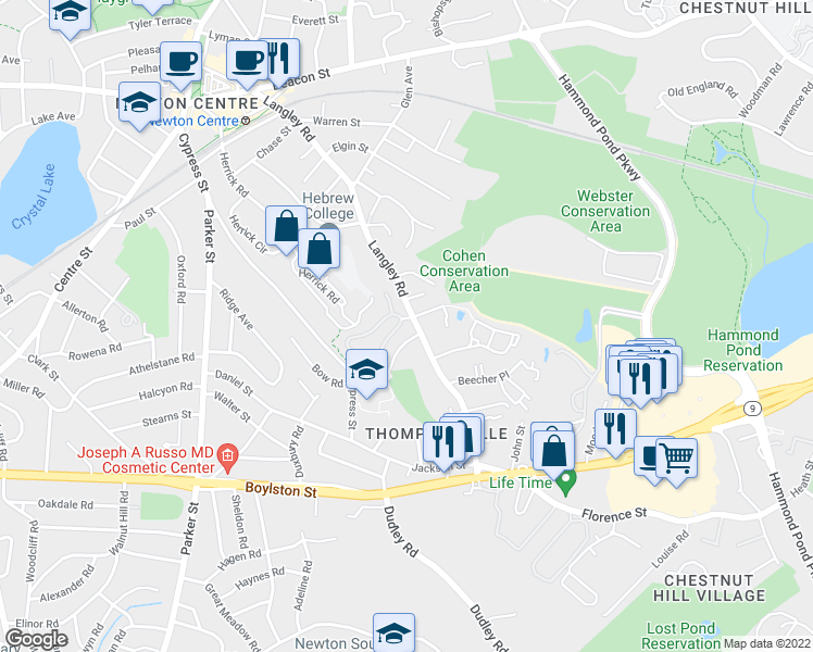 map of restaurants, bars, coffee shops, grocery stores, and more near 133 Carlisle Street in Newton