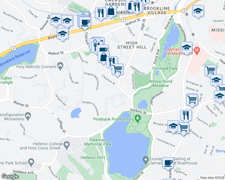 map of restaurants, bars, coffee shops, grocery stores, and more near 165 Chestnut Street in Brookline