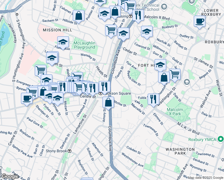 map of restaurants, bars, coffee shops, grocery stores, and more near 1540 Columbus Avenue in Boston