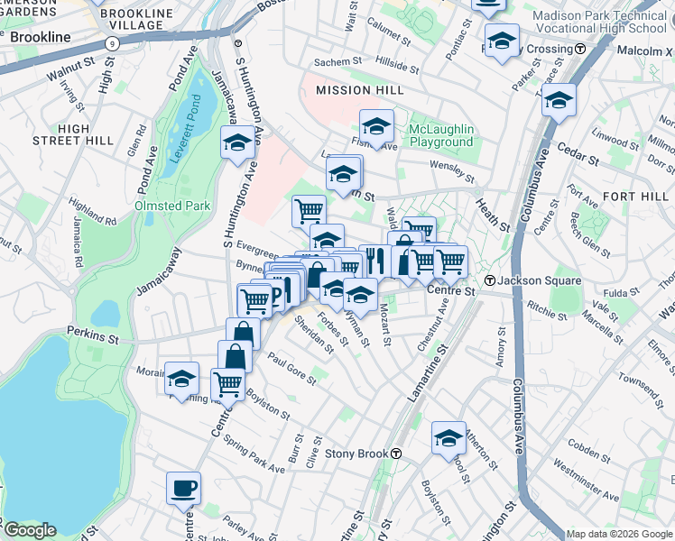 map of restaurants, bars, coffee shops, grocery stores, and more near 47A Creighton Street in Boston