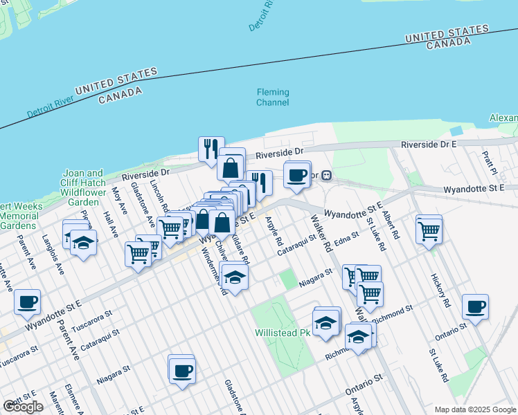 map of restaurants, bars, coffee shops, grocery stores, and more near 525 Argyle Road in Windsor