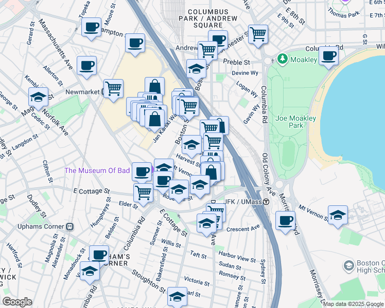 map of restaurants, bars, coffee shops, grocery stores, and more near 17 Dorset Street in Boston