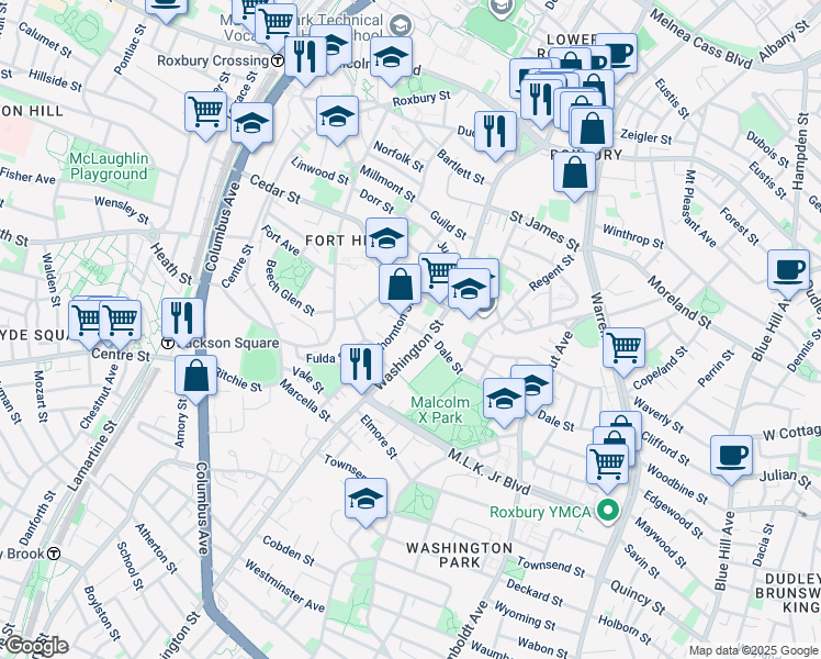 map of restaurants, bars, coffee shops, grocery stores, and more near 91 Thornton Street in Boston