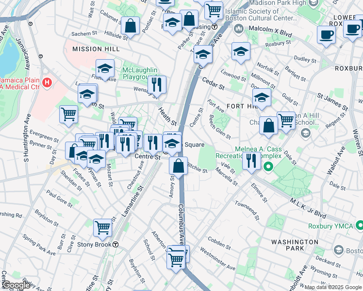 map of restaurants, bars, coffee shops, grocery stores, and more near 1528 Massachusetts 28 in Boston