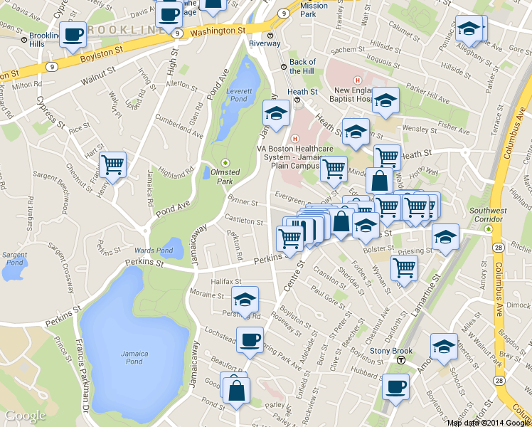 map of restaurants, bars, coffee shops, grocery stores, and more near in Boston