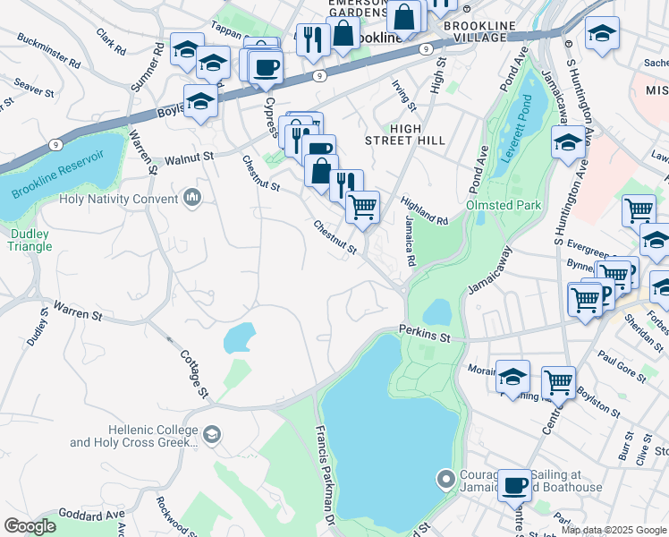 map of restaurants, bars, coffee shops, grocery stores, and more near 149 Chestnut Street in Brookline