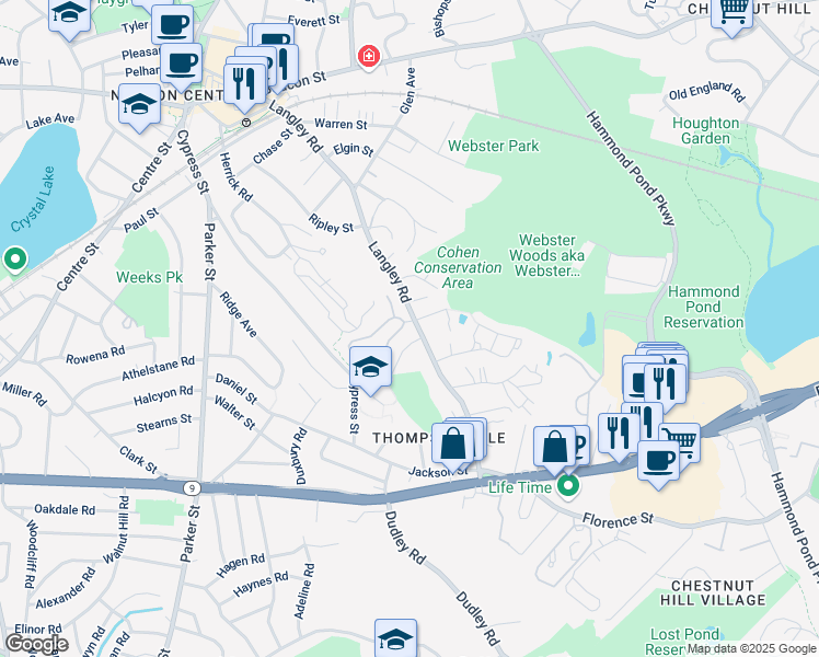 map of restaurants, bars, coffee shops, grocery stores, and more near 133 Carlisle Street in Newton