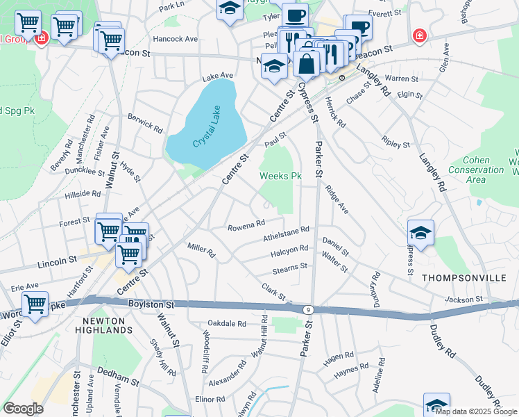 map of restaurants, bars, coffee shops, grocery stores, and more near 7 Hereward Road in Newton