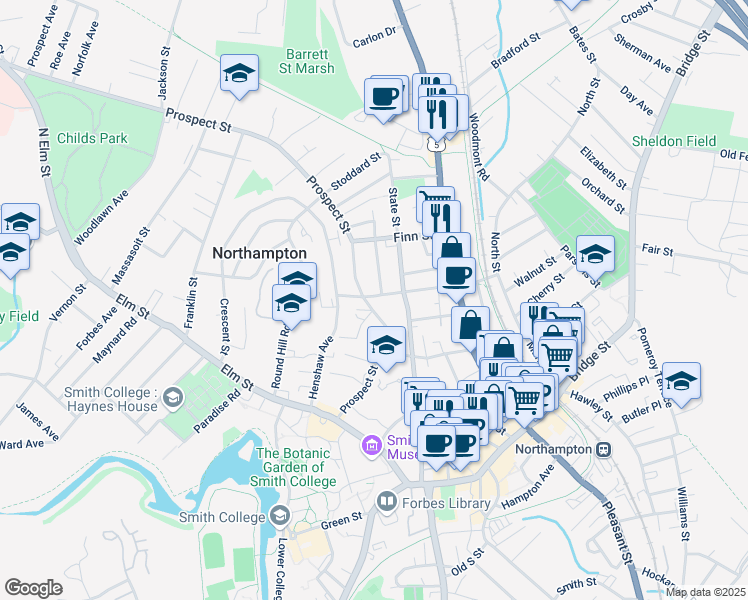 map of restaurants, bars, coffee shops, grocery stores, and more near 1 Aldrich Street in Northampton