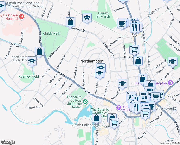 map of restaurants, bars, coffee shops, grocery stores, and more near 234 Crescent Street in Northampton