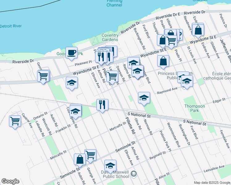 map of restaurants, bars, coffee shops, grocery stores, and more near 908 Pillette Road in Windsor