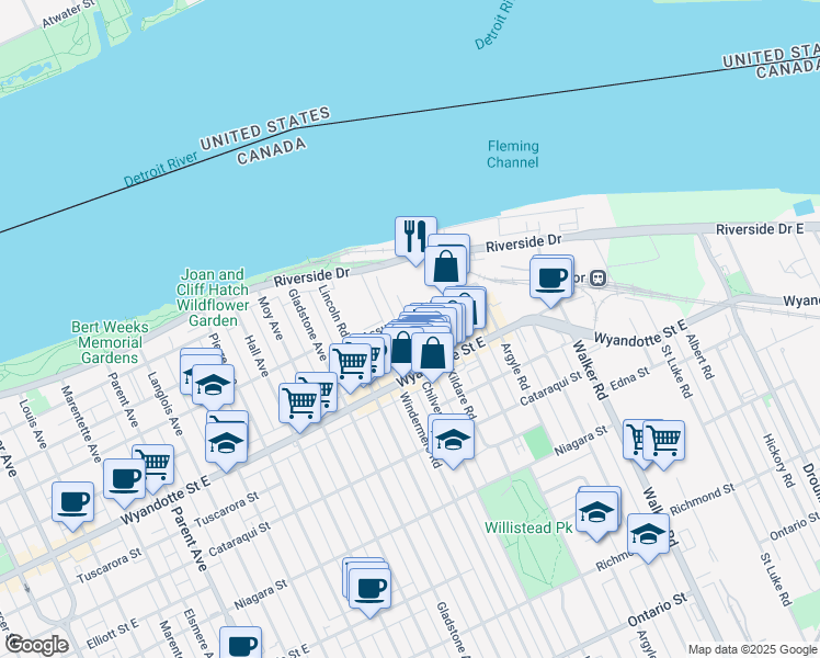 map of restaurants, bars, coffee shops, grocery stores, and more near 1880 Assumption Street in Windsor