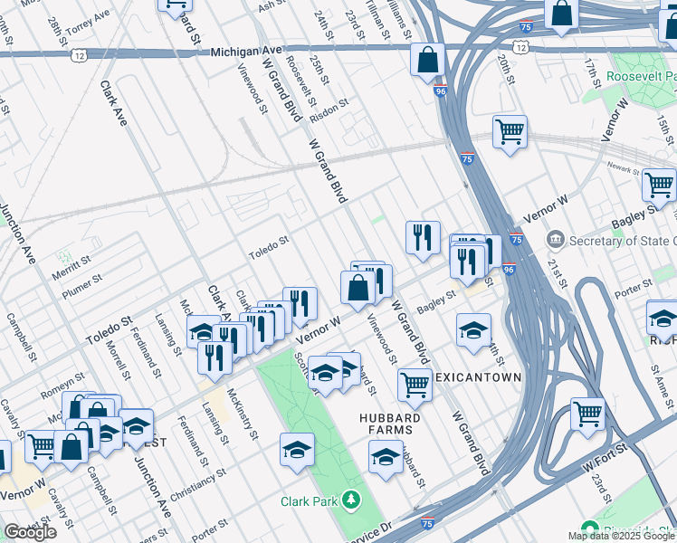 map of restaurants, bars, coffee shops, grocery stores, and more near 2055 Vinewood Street in Detroit