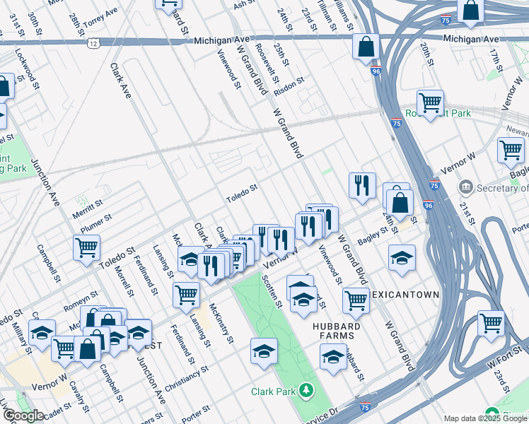 map of restaurants, bars, coffee shops, grocery stores, and more near 2159 Hubbard Street in Detroit