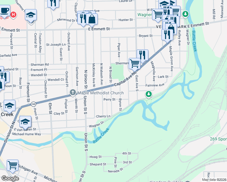 map of restaurants, bars, coffee shops, grocery stores, and more near 482 Capital Avenue Northeast in Battle Creek